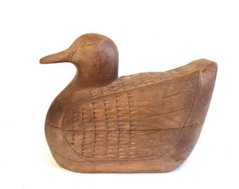 Vintage Folk Art Duck Box, Hand Carved Wood Stash Box