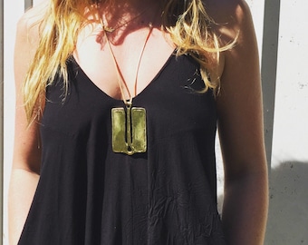 Mid Century Modernist Brutalist Large Brass Statement Necklace~ Austrian artist, Kurt Jesch~ 60&#39;s Organic Interrupted Tablet design