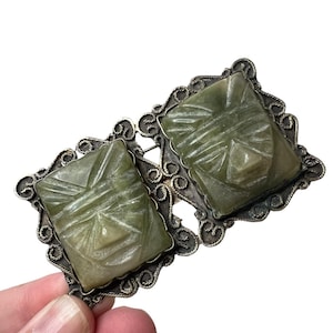 Mid Century Mayan Double Face Pin ~ Sterling Silber Cameo Grüner Stein Statement Brosche ~ Mexiko