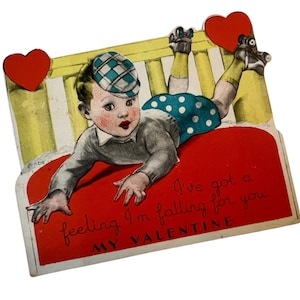 Vintage Rollschuh Valentinstag Karte ~ 1930er Jahre Gestanzte kleine Junge ~ Für Dich fallen