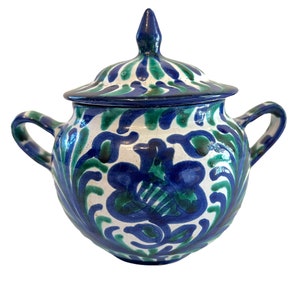Vintage Hand Painted Sugar Bowl~ Italian Floral Lidded Sugar Bowl~ Green & Blue Botanical Plat Motif