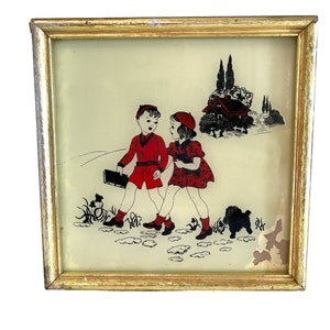Vintage Reverse Glass Children Painting~ Schoolhouse Country Decor~ Boy & Girl, Dick and Jane with dog~ Rustic wooden frame~ Glass Painting