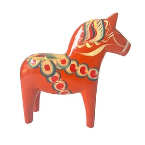 Vintage Large Red Swedish Dala Horse ~ Hand Carved & Painted~ Marked Made in Sweden~ Folk art country decor ~ Wooden Horse figurine