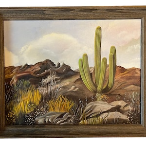 Vintage Original Desert Oil painting~ Saguaro Cactus & Mountains at dusk~ Framed Desert Landscape ~ Wooden Frame~ Southwestern Decor ~14x18