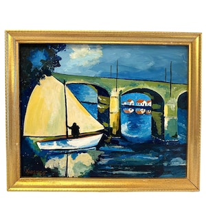 Vintage Seascape Sailboat Painting~ Bridge at Chatou ~ Original Maritime Boat Nautical art work~ Signed Kioster