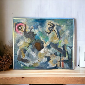 Vintage Abstract Oil Painting~  Original Mixed Media Modern art piece~ Aquatic colors ~ 20x24 Framed~ Signed &quot;Colby&quot;