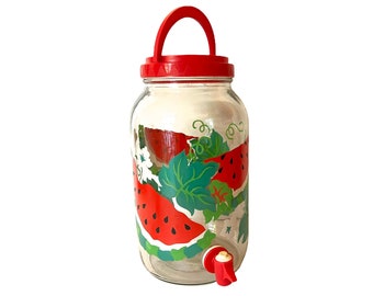 Vintage Watermelon Sun Tea Jar~ Colorful Plant design Iced Tea Dispenser~  One Gallon Iced Tea Jug With Handle~ Red, Green & white 1980's