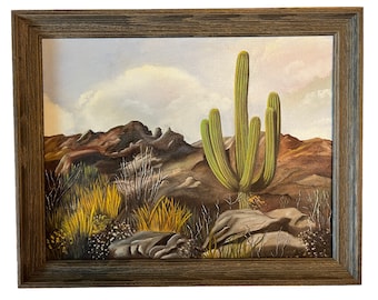 Vintage Original Desert Oil painting~ Saguaro Cactus & Mountains at dusk~ Framed Desert Landscape ~ Wooden Frame~ Southwestern Decor ~14x18