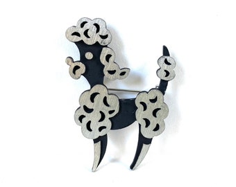 Mid Century Poodle Brooch, Black & Silver Enamel Costume Pin