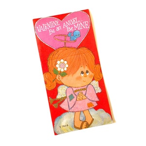 Vintage Valentijnsdag Angel Card "Valentine be an Angel, be mine" Sweet Ongebruikte 1970's Card ~ Flower Girl ~ Mint Condition