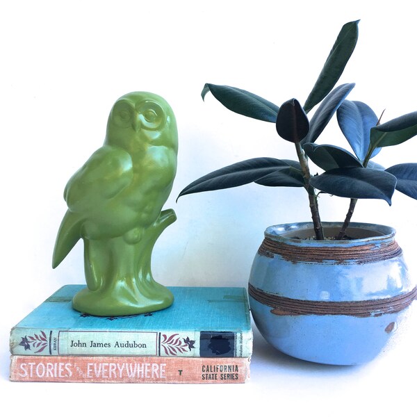 SALE- Vintage Green Ceramic Owl~ Lime green Owl sculpture~ Woodland decor