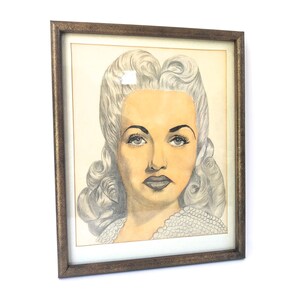 Vintage Betty Grable Portrait drawing~ Framed original Pencil & Watercolor~ Hollywood Actress~ Woman Pin-up ~ Portrait painting