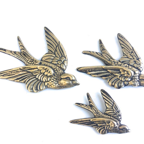 Vintage Brass Swallow Wall Hangings ~ Set of 3 ~ Family of sparrows~ wall art