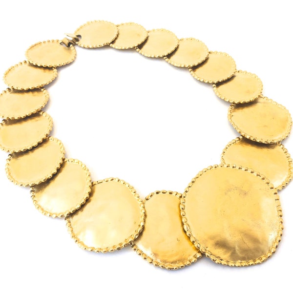 Vintage LES BERNARD Disc Necklace ~ Elegant Modern Statement Costume Jewelry~ Textured disc & dot design~ Gold Plated Modernist Couture