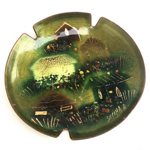 Mid Century Sascha Brastoff Enamel Ashtray~ Unique Green jewelry dish, catch all, decorative plate ~House and Tree design ~Signed Sascha B.