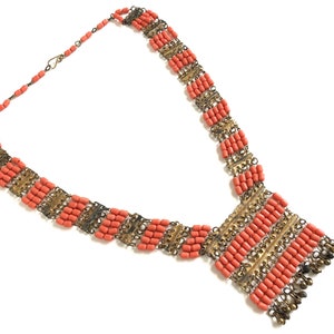 Vintage Egyptian Revival Necklace~ Coral Glass & Brass Statement Necklace~ Unique Bib Necklace