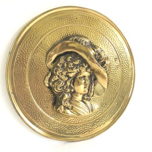Vintage Brass Woman Wall Hanging ~ Victorian French lady portrait in feathered hat ~ Unique Home decor~ Hammered brass plate plaque