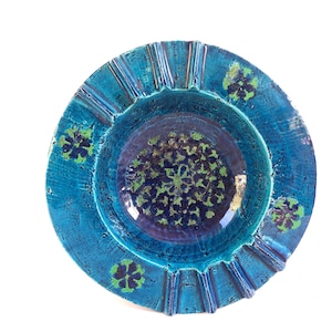 Mid Century Bitossi Ashtray~ Aldo Londi Rimini Blue Art Pottery Jewelry Dish ~ Flower design~ signed~ Made in Italy