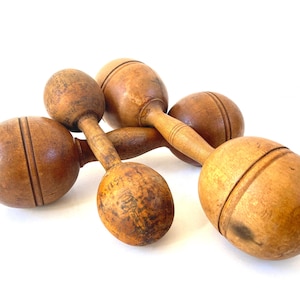 Antique Wooden Dumbbells ~ Set of 3~ Wood Barbells, Old Weights, Vintage Sports Decor ~ Rustic Man Cave Industrial Decor~ Instant Collection