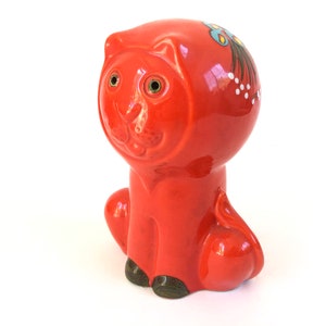Mid Century Lion Coin Bank~ Italian Art Pottery Hand painted piggy bank~Fabulous lava Red Cat with flower~ 1960&#39;s Bitossi era vintage