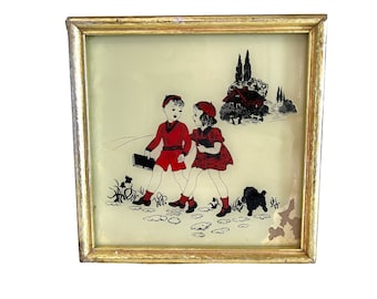 Vintage Reverse Glass Children Painting~ Schoolhouse Country Decor~ Boy & Girl, Dick and Jane with dog~ Rustic wooden frame~ Glass Painting