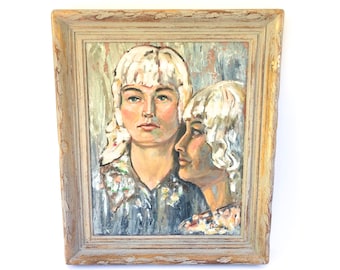 Vintage Portrait Oil Painting ~ Stunning Blonde Woman in blue shirt ~1970's Impressionist portrait painting~ Signed "Lou Oros 72"