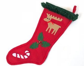 Vintage Felt Christmas Stocking ~ Retro Christmas ~ Vintage Homemade stocking~ Reindeer, Holly & Candy cane