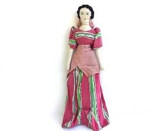 Muñeca de trapo de arte popular vintage, muñeca de tela primitiva hecha a mano