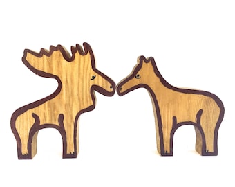 Vintage Wooden Moose Pair, 1970s Block Toys, Nursery Decor