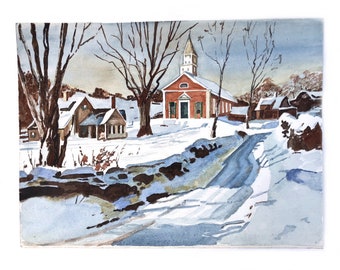 Vintage Original Landscape painting~ Original Watercolor~ Snowy little town~ 12x16