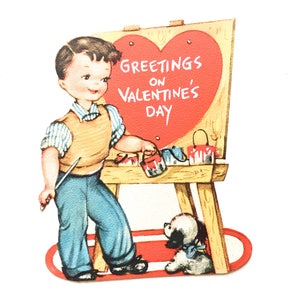 Vintage Valentines Day Card &quot;Greetings on Valentines Day&quot; Sweet 1950&#39;s Die Cut Unused Gibson Card~ Boy Artist & puppy~ Mint Condition