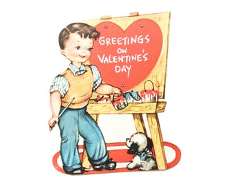 Vintage Valentines Day Card "Greetings on Valentines Day" Sweet 1950's Die Cut Unused Gibson Card~ Boy Artist & puppy~ Mint Condition