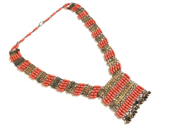 Vintage Egyptian Revival Necklace~ Coral Glass & … - image 1