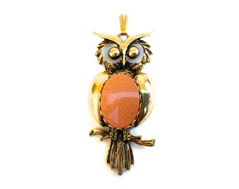 Vintage Boho Owl Pendant ~Brass with Rusty orange belly~ Fun statement piece