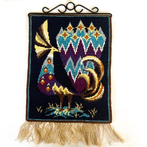 Mid Century Scandinavian Bird Tapestry~ Hand woven Modern art wall Hanging~ Made in Sweden ~ Peacock Folk Art Embroidery