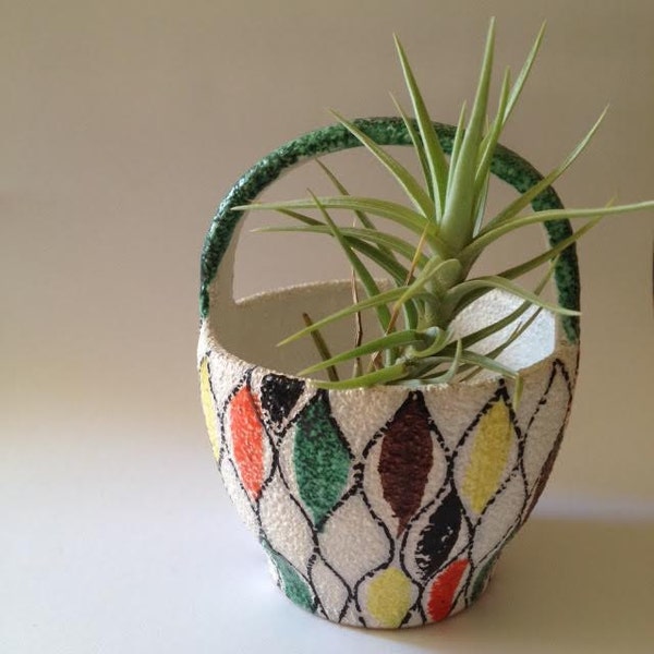 Sweet Mid Century Pottery Fruit Drop Basket Planter Vase w/ lava texture ~Vibrant colors