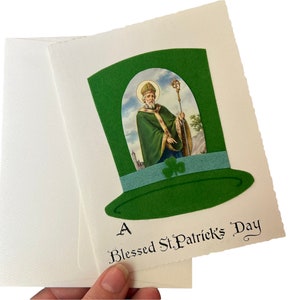 Vintage Handgemachte St. Patricks Day Card ~ Grüne Filz Leprechaun Mütze "A blessed St. Patrick es Day" Unsigned Blank Card mit Original Umschlag