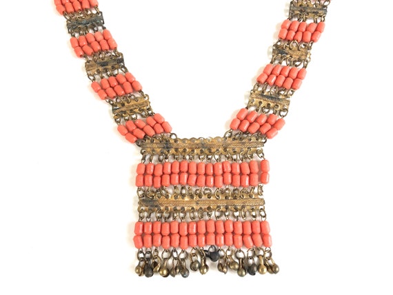 Vintage Egyptian Revival Necklace~ Coral Glass & … - image 2