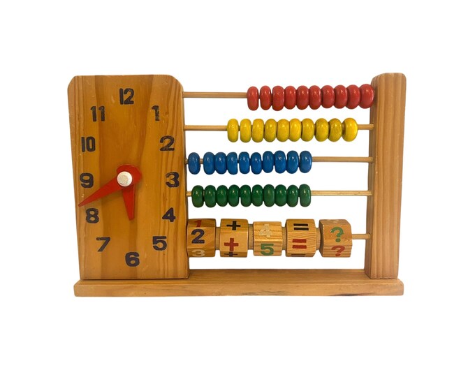 Vintage Wooden Abacus~ Clock, Addition Toy~ Rainbow Beads, Schoolhouse ...