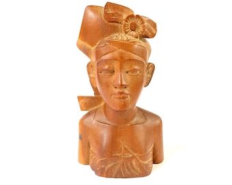 木製女性胸像彫刻 19インチの手彫り木製女性胸像彫刻：ツートンヴィンテージティキ