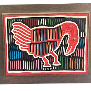 Vintage Kuna Mola Textile Bird Art ~Framed Ethnic 3 layer Embroidery, Primitive Textile Folk Art~ Hand Stitched Colorful Bird