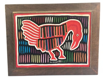 Vintage Kuna Mola Textile Bird Art ~Framed Ethnic 3 layer Embroidery, Primitive Textile Folk Art~ Hand Stitched Colorful Bird