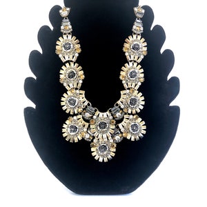 Vintage Marcasite Statement Necklace ~ Elegant Chunky Costume Jewelry~ Rose Rhinestone Sunburst design~ Couture