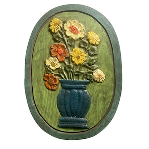 Vintage Folk art Floral~ 1960&#39;s Wood Carving Wall hanging ~ Hand carved flowers in vase