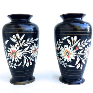 Pair Vintage Brass Vases~ Engraved Hand painted flower design~ Flower & Leaf~ Unique Boho Garden decor