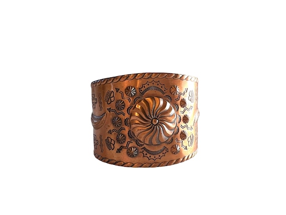 Vintage Southwestern Copper Cuff Bracelet, Stamped Eagle Deer Design