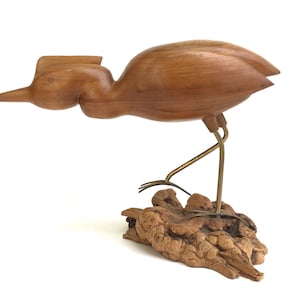 Mid Century Folk art Bird Sculpture ~Wood Carving~Walnut & drift wood Original art piece~ Sleek modern art sculpture signed FA