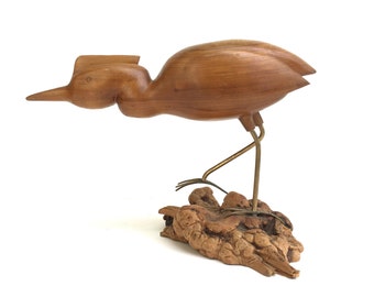 Mid Century Folk art Bird Sculpture ~Wood Carving~Walnut & drift wood Original art piece~ Sleek modern art sculpture signed FA