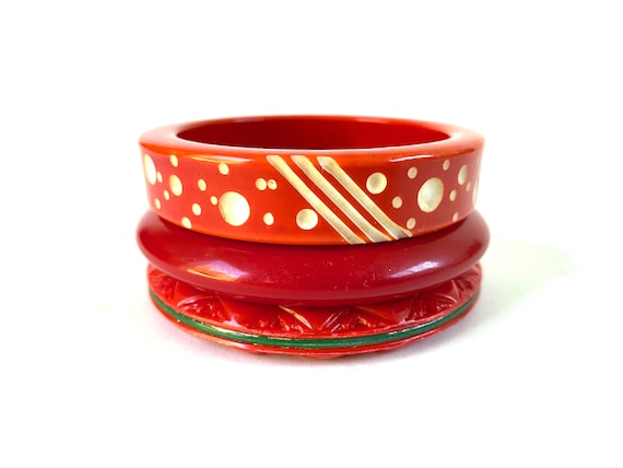 Vintage Valentine Bangle set~ Group of 3 Red Bang… - image 2