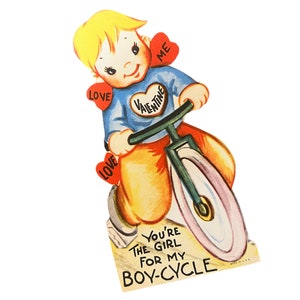 Vintage Bicycle Valentine Card ~ « Tu es la fille pour mon boy-cycle » Die Cut des années 1950 Jeu de mots inutilisé Carte de La Saint-Valentin ~ Thème du vélo